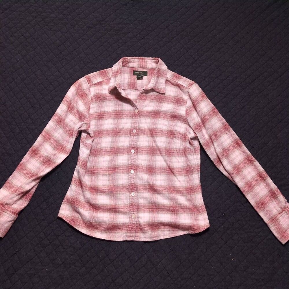 Eddie Bauer Long Sleeve Button-up Shirt Womens M Pink Plaid curved hem